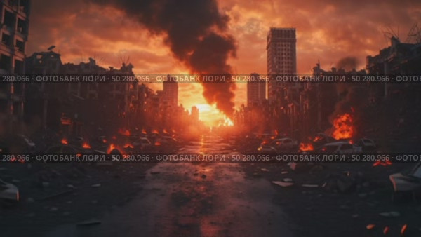 Destruction and Chaos at Sunset in an Abandoned Urban Landscape After a Major Event. Стоковое AI-видео, аниматор Юлия Гапеенко / Фотобанк Лори
