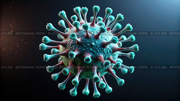 Detailed 3D Rendering of a Coronavirus Particle Against a Dark Background. Generative AI. Стоковое AI-изображение, AI-художник Roman Zavorotny / Фотобанк Лори
