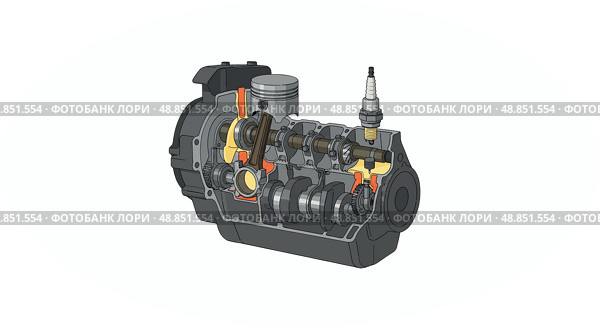 Detailed diagram of an internal combustion engine highlighting key components and their functions. Стоковое AI-изображение, AI-художник Александр Калинин / Фотобанк Лори