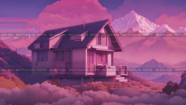 Detailed painting of house situated on hill with majestic mountains in backdrop. Composition highlights architectural details of house and scenic beauty of mountains. Стоковое AI-видео, аниматор Данила Большаков / Фотобанк Лори