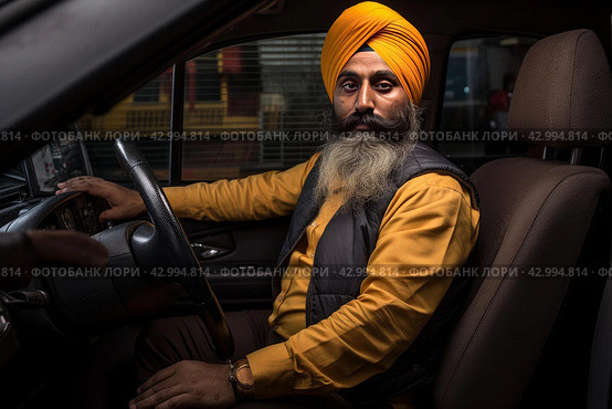 Determined Sikh adult taxi driver city street. Generate AI. Стоковое AI-изображение, AI-художник Иван Рябоконь / Фотобанк Лори