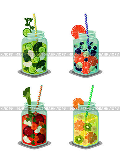 Detox beverages collection poured in jars, mugs set containing liquids with cucumber slices, banana pieces, grapefruit isolated on vector illustration. Detox Beverages Collection Vector Illustration. Стоковая иллюстрация, агентство Ingram Publishing / Фотобанк Лори