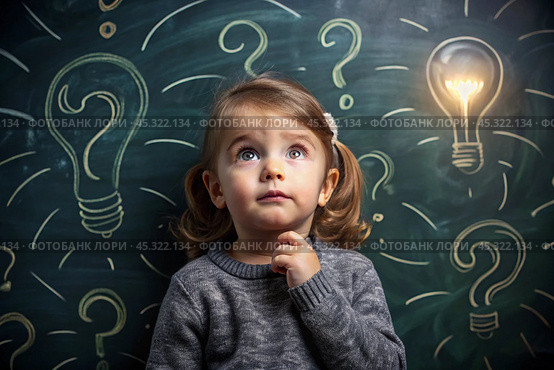 Development and education of children. A thoughtful girls on a dark background with a light bulb and question marks . Brainstorming and the concept of an idea. Стоковое AI-изображение, AI-художник Photojuli / Фотобанк Лори