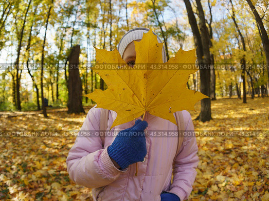 Девочка прячется за желтым кленовым листиком. Стоковое фото, фотограф YuryKara / Фотобанк Лори