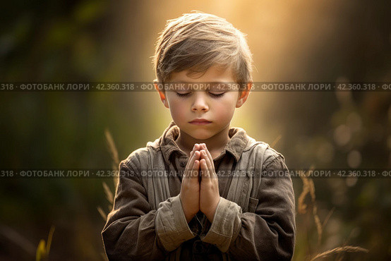 Devout Boy praying church. Generate Ai. Стоковое AI-изображение, AI-художник Иван Рябоконь / Фотобанк Лори