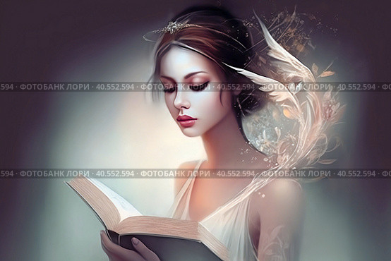 Девушка с книгой читающая стихи. Волшебный мир поэзии. Фэнтези арт. Стоковое AI-изображение, AI-художник Татьяна Бакуменко / Фотобанк Лори