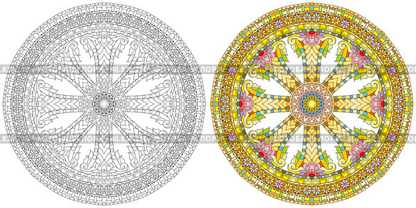 Dharma Wheel or dharmachakra, theach and walk to the path of Nirvana. Color and outline set. Стоковая иллюстрация, иллюстратор Наталья Андрейченко / Фотобанк Лори