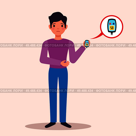 Diabetes patient holding blood glucose meter monitor with test result flat character medical advertising poster vector illustration. Стоковая иллюстрация, агентство Ingram Publishing / Фотобанк Лори
