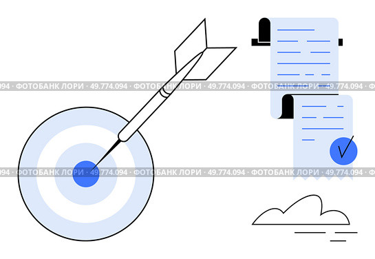 Diagram of a dart hitting the bullseye, checklist on paper with cloud. Ideal for ambition, goal-setting, productivity, planning, achievement. Clean and modern style. Achieving Goals and Meeting Targets with Precise Planning. Стоковая иллюстрация, агентство Ingram Publishing / Фотобанк Лори