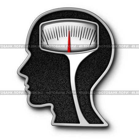 Diet psychology concept as a weight scale shaped as a human head as a symbol for eating issues and obsession of counting calories with a kilogram or pound measurement equipment. Стоковое фото, агентство Ingram Publishing / Фотобанк Лори