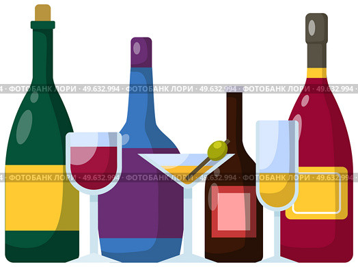 Different bottles of alcohol. Alcoholic drinks in glasses. Drinks of different strength and alcohol content. Wine, champagne, rum, whiskey in bottles. Alcohol decorated to be served to guest at bar. Alcohol decorated to be served to guest at bar. Alcoholic drinks and different cocktails in glasses. Стоковая иллюстрация, агентство Ingram Publishing / Фотобанк Лори