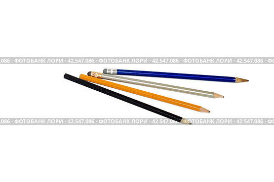 Different color pencils isolated on white. Blue, gray, orange and black graphite wooden pencils for cut out. Стоковое фото, фотограф Константин Григорьев / Фотобанк Лори