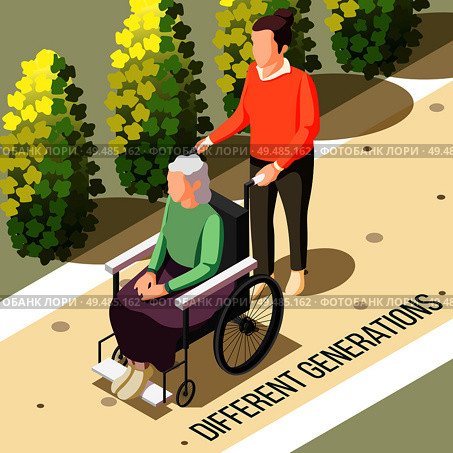 Different generations isometric background with  elderly disabled woman sitting in wheelchair and young nursing person vector illustration. Стоковая иллюстрация, агентство Ingram Publishing / Фотобанк Лори