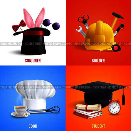 Different professions realistic design concept hats of cook, builder, conjurer, student with work tools isolated vector illustration. Different Professions Hats Design Concept. Стоковая иллюстрация, агентство Ingram Publishing / Фотобанк Лори