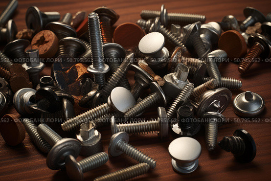 Different screws and fasteners lying on wooden table top. Стоковое AI-изображение, AI-художник Иван Рябоконь / Фотобанк Лори