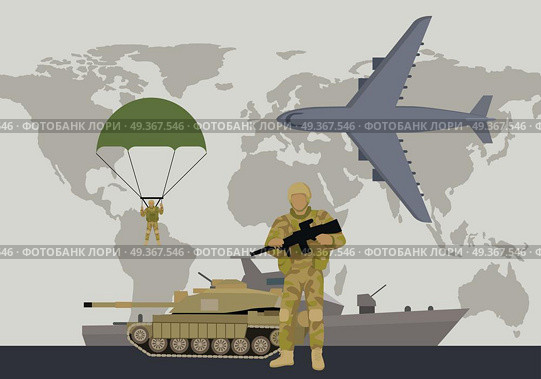 Different types of armed forces. Soldier in ammunition with gun, tank, warship, paratrooper, bomber flat vector illustrations on world map background. For warfare concept, military service contract ad. Modern Armed Forces Types Flat Vector Concept . Modern Armed Forces Types Flat Vector Concept . Стоковая иллюстрация, агентство Ingram Publishing / Фотобанк Лори
