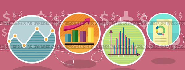 Different types of charts that show changes of share prices. Round color icons. Design concept. For web site construction, mobile applications, banners, corporate brochures, book covers, layouts etc. Стоковая иллюстрация, агентство Ingram Publishing / Фотобанк Лори
