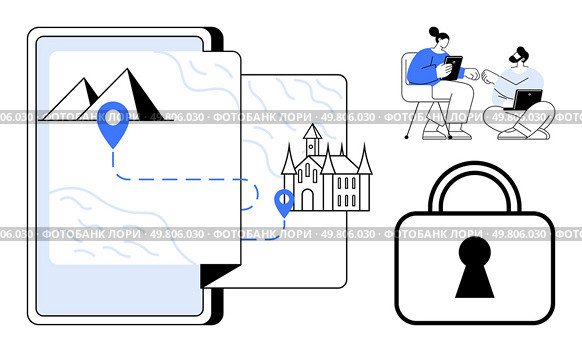Digital device showing a navigational map with location markers, a castle, people discussing with devices, and a security lock. Ideal for travel, technology, security, collaboration, planning. Digital navigation map with location markers, people discussing, and security lock concept. Стоковая иллюстрация, агентство Ingram Publishing / Фотобанк Лори
