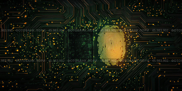 Digital fingerprint graphics with futuristic design on a computer board. The concept of digital security. Стоковое AI-изображение, AI-художник Ярославский Максим / Фотобанк Лори