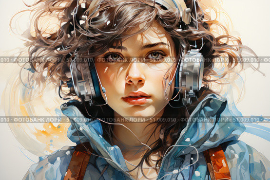 Digital illustration in a modern style: a girl in a blue jacket with headphones, surrounded by abstract dynamic elements symbolizing sound, energy and movement. Her gaze is focused, her hair is fluttering, and the metal headphones emphasize the connection with music and technology. The work is filled with a modern mood, combining realism and artistic expressiveness. Suitable for themes of youth culture, music, technology, urbanism and inspiration. Стоковое AI-изображение, AI-художник Анна Кривицкая / Фотобанк Лори