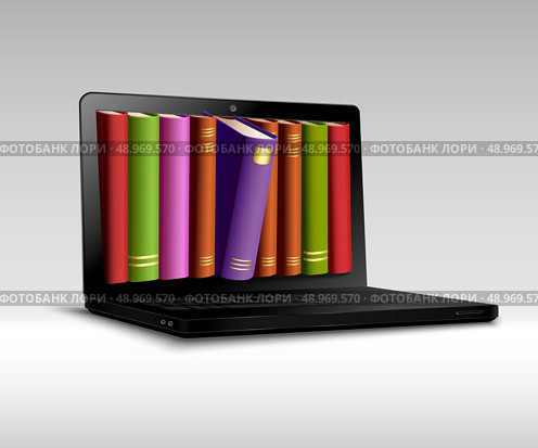 Digital library concept with 3d realistic book shelf in notebook vector illustration. Стоковая иллюстрация, агентство Ingram Publishing / Фотобанк Лори