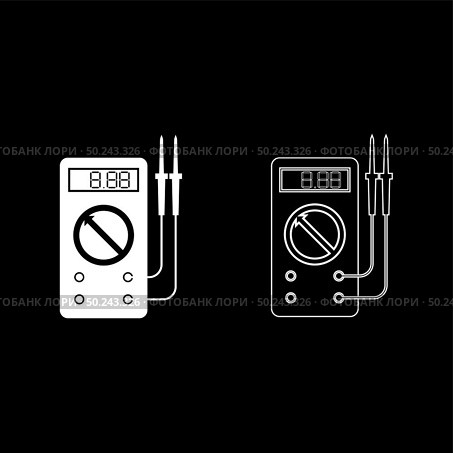 Digital multimeter for measuring electrical indicators AC DC voltage amperage ohmmeter power with probes icon outline set white color vector illustration flat style simple image. Стоковая иллюстрация, агентство Ingram Publishing / Фотобанк Лори