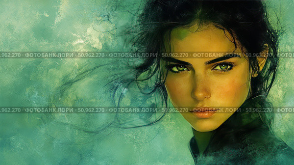Digital portrait of a young woman with expressive green eyes and dark hair against a textured green surface. The heroine's gaze is strong, focused and piercingly bright. The image combines realism and artistic stylization, creating the effect of powerful feminine energy and inner strength. Suitable for book covers, magazines, posters, visual novels and art projects. Стоковое AI-изображение, AI-художник Анна Кривицкая / Фотобанк Лори