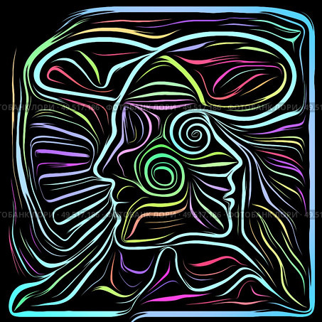 Digital Scratchboard. Life Lines series. Backdrop of human profile and woodcut pattern in association with human drama, poetry and inner symbols. Стоковое фото, агентство Ingram Publishing / Фотобанк Лори