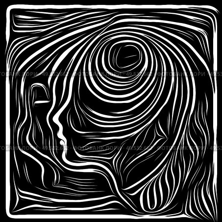 Digital Scratchboard. Life Lines series. Backdrop of human profile and woodcut pattern in association with human drama, poetry and inner symbols. Стоковое фото, агентство Ingram Publishing / Фотобанк Лори