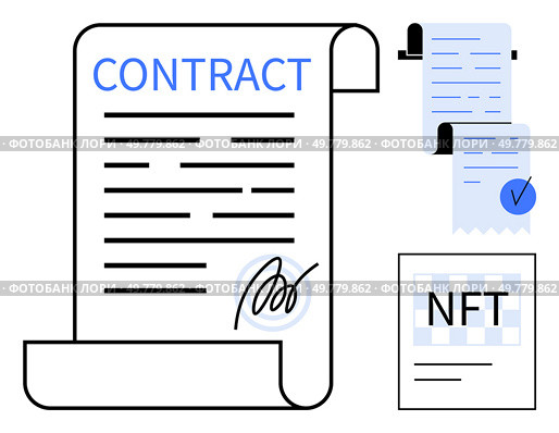 Digital scroll labeled Contract with signature, alongside an agreement featuring a checkmark and an NFT document. Ideal for digital agreements, blockchain technology, authenticity, legal documents. Digital Smart Contract with Signed Scroll and NFT Representation. Стоковая иллюстрация, агентство Ingram Publishing / Фотобанк Лори