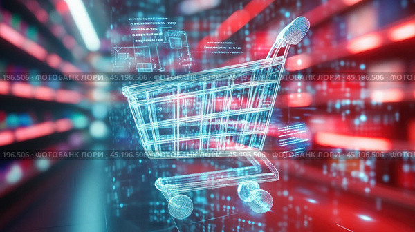 Digital shopping cart hologram emerging from binary code in retail store. Стоковое AI-изображение, AI-художник Юрий Поздников / Фотобанк Лори