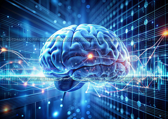 Digital technologies of the future. Artificial intelligence. The brain and digital codes on a virtual screen. The image was created using artificial intelligence. Стоковое AI-изображение, AI-художник Photojuli / Фотобанк Лори