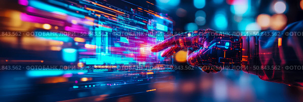 Digital Touch: Artificial Intelligence Hand Interacting with Futuristic Data Stream, for a technology company web banner. Стоковое AI-изображение, AI-художник Данила Большаков / Фотобанк Лори