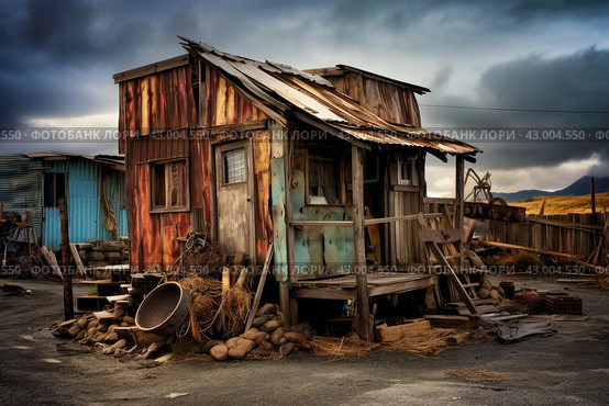 Dilapidated Shack wooden old pallets. Generate Ai. Стоковое AI-изображение, AI-художник Иван Рябоконь / Фотобанк Лори