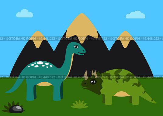 Dinosaurs and nature with sky, dinosaurs and green grass, rocks and mountain, clouds and triceratops with sauropods isolated on vector illustration. Dinosaurs and Nature with Sky Vector Illustration. Стоковая иллюстрация, агентство Ingram Publishing / Фотобанк Лори