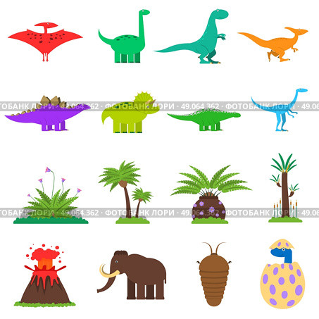Dinosaurs and prehistoric plants flat icons set isolated vector illustration. Dinosaurs Flat Set. Стоковая иллюстрация, агентство Ingram Publishing / Фотобанк Лори
