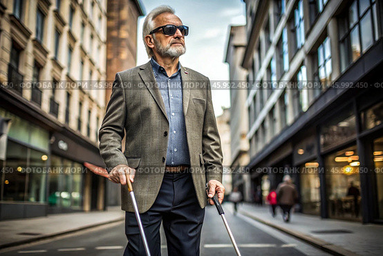 Disability. Loss of vision. A blind man with a cane and dark glasses is walking along a city street. International Day of the Blind on November 13. Стоковое AI-изображение, AI-художник Photojuli / Фотобанк Лори