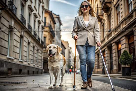Disability. Loss of vision. A blind woman in dark glasses with a cane and a guide dog on a leash on a city street. International Day of the Blind on November 13. Стоковое AI-изображение, AI-художник Photojuli / Фотобанк Лори