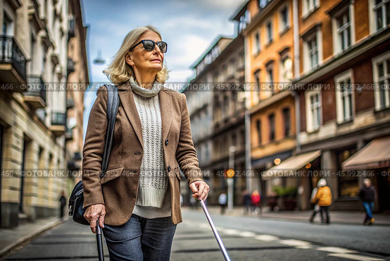 Disability. Loss of vision. A blind woman with a cane and sunglasses is walking down a city street. International Day of the Blind on November 13. Стоковое AI-изображение, AI-художник Photojuli / Фотобанк Лори