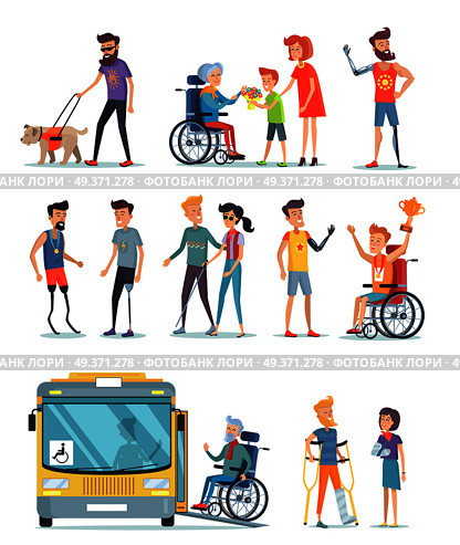 Disabled people and help for them poster on white. Assistance for blind boy and girl woman, boy and men on carriage people with artificial parts of body. Vector illustration of kind attitude. Disabled People and Help for Them White Poster. Стоковая иллюстрация, агентство Ingram Publishing / Фотобанк Лори