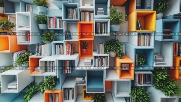 Discover an innovative bookshelf arrangement with bright colors and plants, showcasing creativity in interior design and book storage. Стоковое AI-видео, аниматор Данила Большаков / Фотобанк Лори