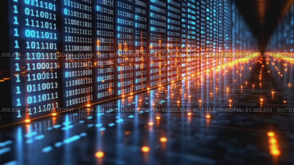 Discover the captivating representation of digital data illuminated by glowing binary sequences in a dynamic setting during the evening hours. Стоковое AI-видео, аниматор Данила Большаков / Фотобанк Лори