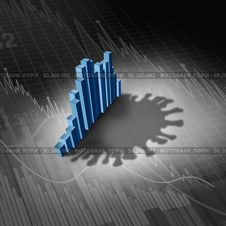 Disease and economy as an economic pandemic fear and coronavirus fears or virus Outbreak and Stock market selling as a sick financial health and business recession concept with 3D illustration elements. Стоковое фото, агентство Ingram Publishing / Фотобанк Лори