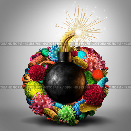 Disease time bomb medical health risk concept as a group of viruses bacteria and disease cells shaped as a lit bomb as a deadly risk metaphor for human infection risk. Стоковое фото, агентство Ingram Publishing / Фотобанк Лори