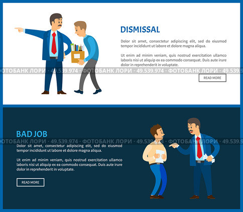 Dismissal of worker for bad job vector posters. Boss in suit dismissing employee with box full of personal things. Executive manager and bad executor. Dismissal of Worker for Bad Job Vector Posters. Стоковая иллюстрация, агентство Ingram Publishing / Фотобанк Лори