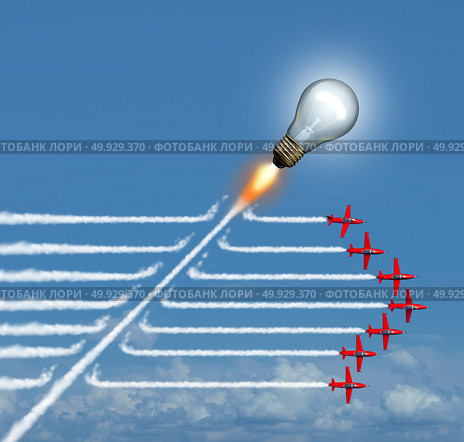 Disruptive idea concept and game changer business symbol and change innovation icon to be an independent thinker with new industry ideas as an individual light bulb breaking through a group of airplane smoke as a 3D illustration. Стоковое фото, агентство Ingram Publishing / Фотобанк Лори