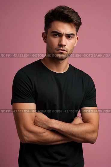 Dissatisfied young man looking unpleasantly away, expresses aversion, smirking at pink background. Guy in black t-shirt scared, negative face expressions concept. Advertising. Copy text space. Стоковое AI-изображение, AI-художник Aleksandr Golubev / Фотобанк Лори