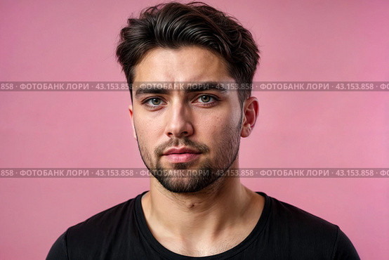 Dissatisfied young man looking unpleasantly away, expresses aversion, smirking at pink background. Guy in black t-shirt scared, negative face expressions concept. Advertising. Copy text space. Стоковое AI-изображение, AI-художник Aleksandr Golubev / Фотобанк Лори