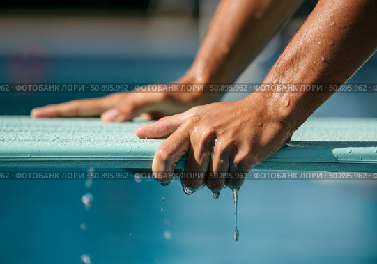 Diver's hands gripping the springboard, droplets glistening in sunlight, preparing for a leap. Стоковое AI-изображение, AI-художник Гайфуллина Дина / Фотобанк Лори