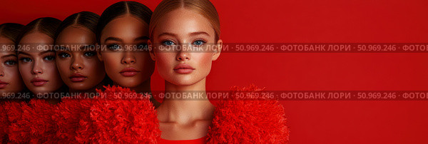 Diverse beauty lineup showcasing a spectrum of skin tones from fair to dark against a vibrant red backdrop, emphasizing inclusivity and facial features. Стоковое AI-изображение, AI-художник Данила Большаков / Фотобанк Лори